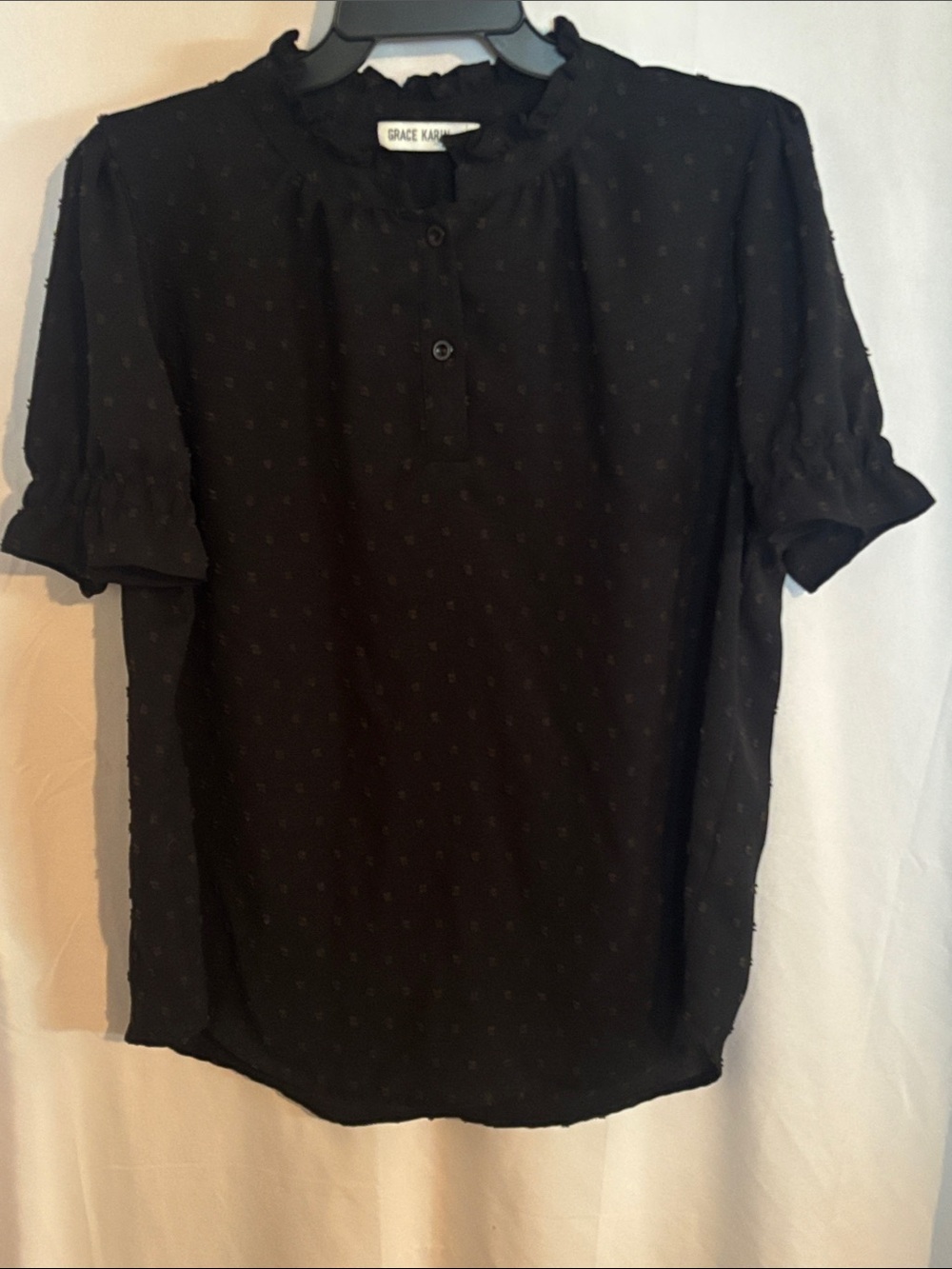 Grace Karin Black Short Sleeve Swiss Dot Ruffled Mock Neck Top Size Large